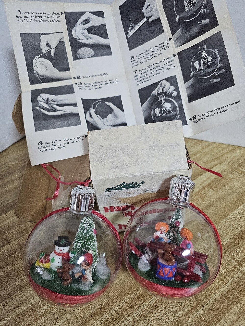 Vtg Christie Christmas Diorama Snow Globe Ornaments 2pc Set w/ Box Raggedy Style